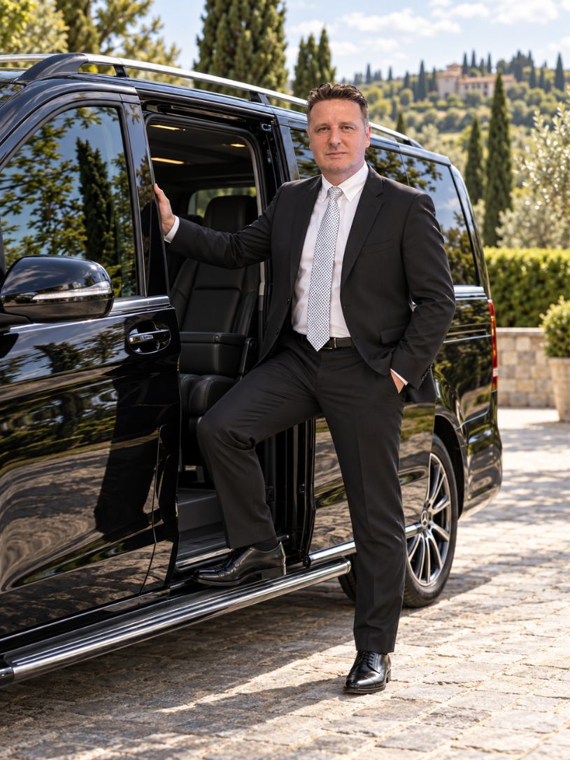 Tiziano Pedrotti in giacca e cravatta accanto alla Mercedes Classe V con la porta scorrevole aperta